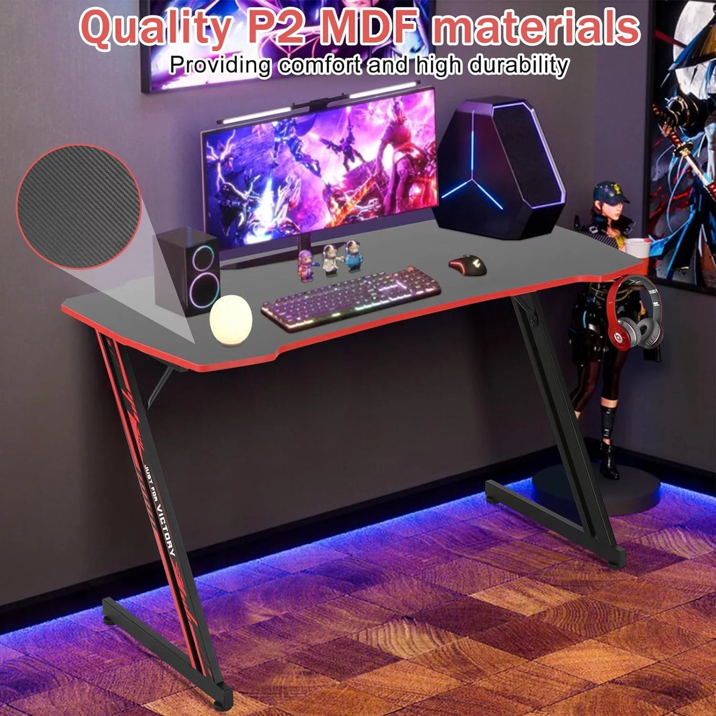 47 Inch Gaming Desk Z-Shaped Computer Desk Home Office Desk with Headphone Hook, Red
